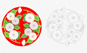 左は赤い円の中に白い菊の花が描かれた「小菊丸文様　左はぬり絵を楽しむための線画